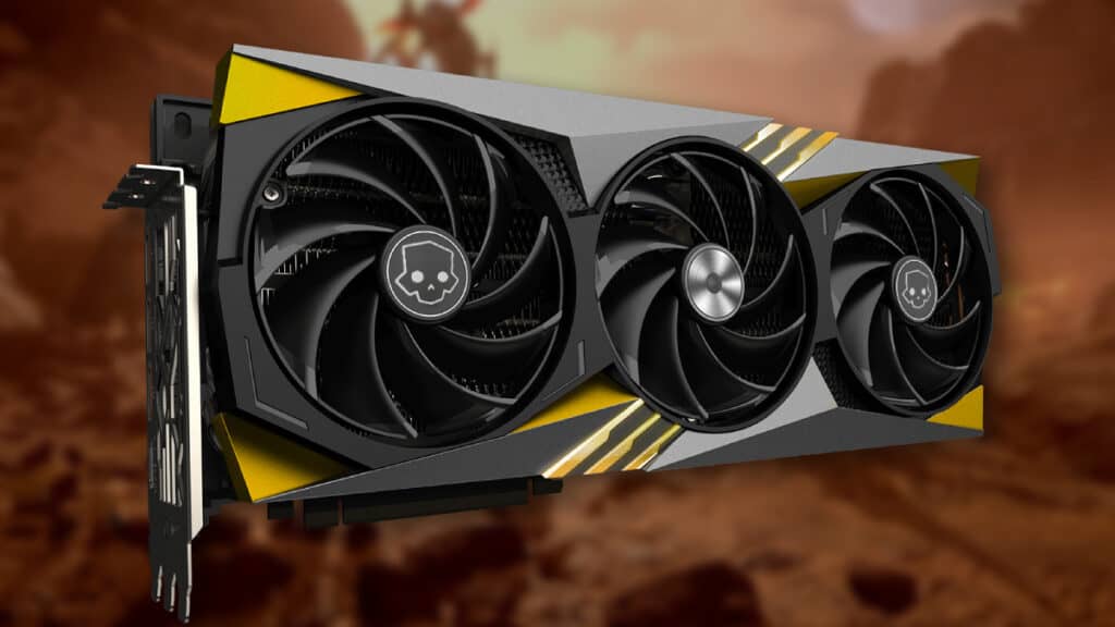 A Helldivers 2 RTX 4090 triple-fan graphics card set against a blurred reddish-brown background.