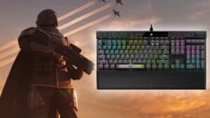 A person in Helldivers 2 looks towards the sky as fighter jets streak by, superimposed with an image of a colorful backlit Corsair gaming keyboard