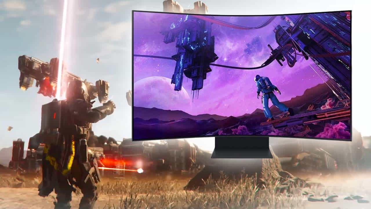 A widescreen gaming monitor displaying a vibrant sci-fi scene from Helldivers 2, featuring mechs and futuristic structures under a purple sky.