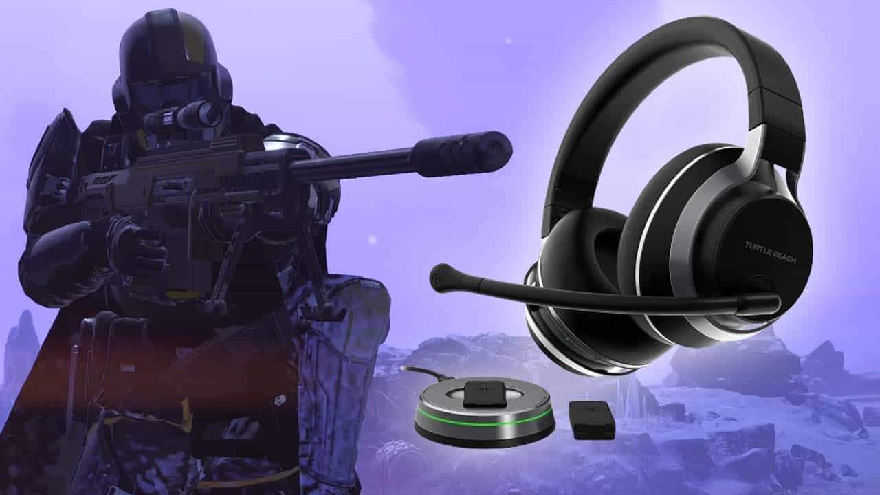 A Helldivers 2 soldier equipped with a rifle superimposed next to a Turtle Beach gaming headset and audio accessories.