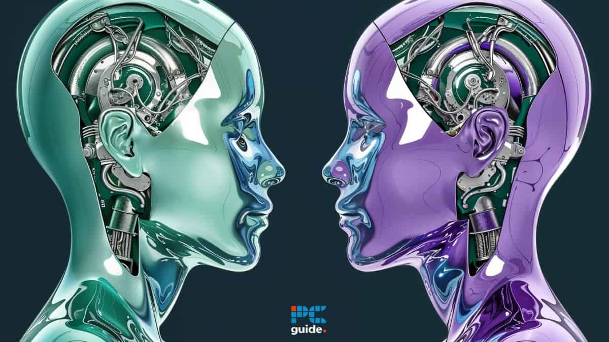 ChatGPT vs Devin AI. Two robotic heads in profile view.