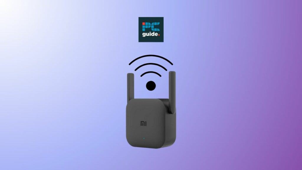 A Xiaomi Wi-Fi repeater with a WiFi signal coming out of it, on a purple gradient background.
