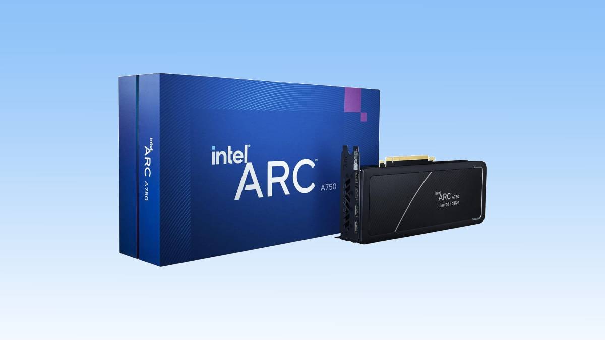 Intel Arc A750 GPU deal: graphics card alongside its product packaging.