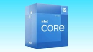 A 12th gen Intel Core i5 12400F processor box against a blue background, price chopped on Amazon.