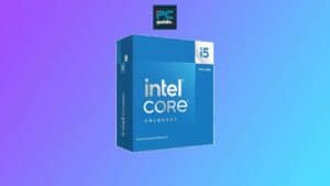 An Intel Core i5-14600KF processor box against a blue and purple background, available for below $280 - an incredible deal.