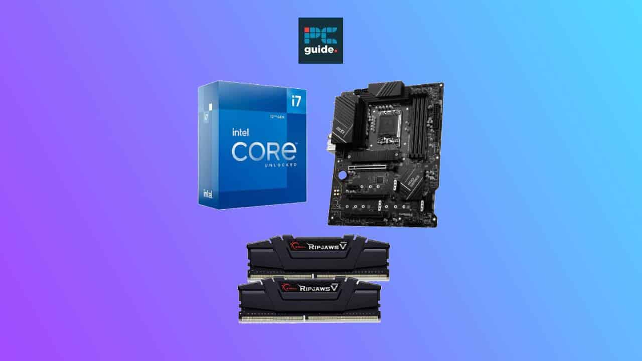 Intel Core i7-12700K bundle, including a processor box, a motherboard, and RAM modules on a purple and blue gradient background.