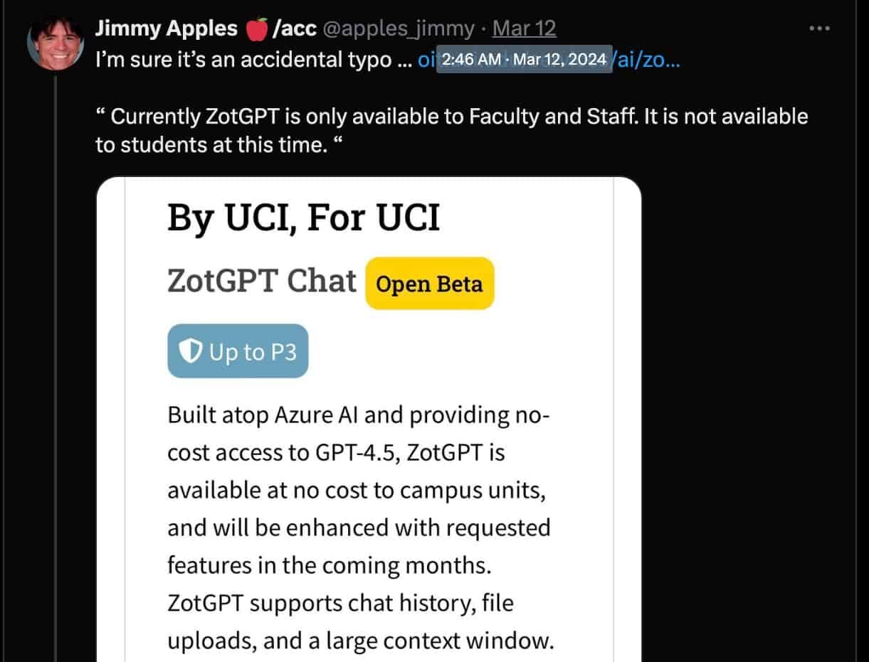 Screen capture of a Twitter post discussing accidental access to ZotPortal features by UCI faculty and staff, with a focus on the integration of ChatGPT 4.5 technologies.