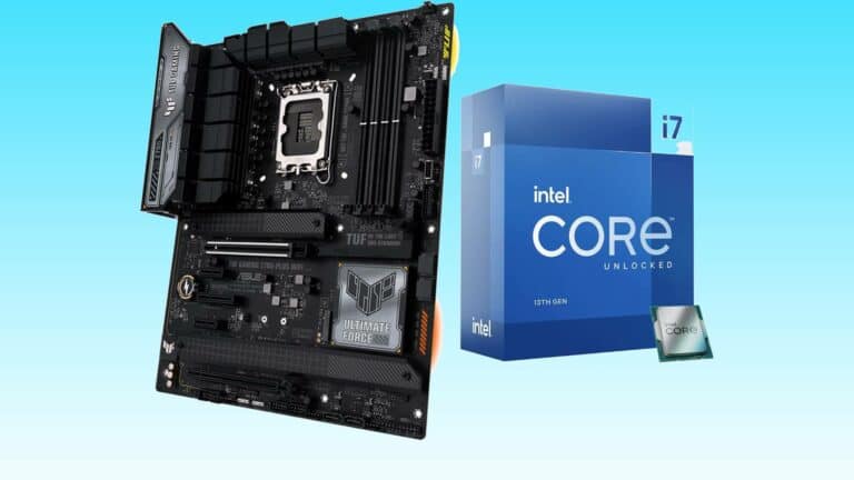 An asus tuf gaming motherboard bundle with an intel core i7 CPU on a blue background.