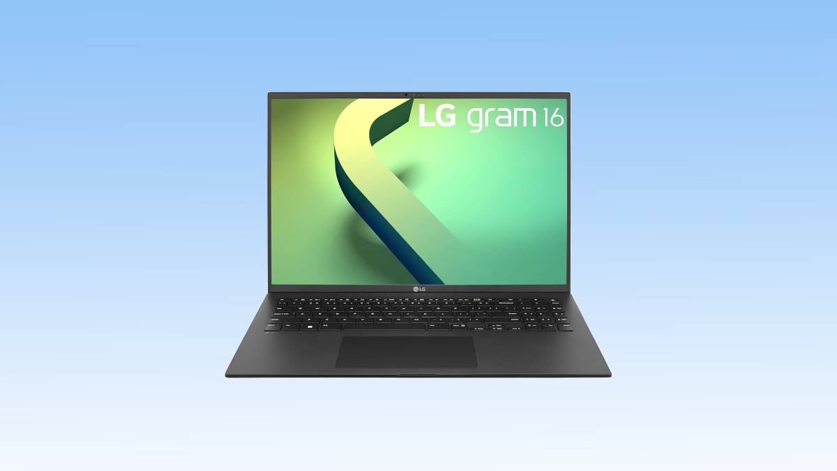 An lg gram 16 laptop deal displayed against a blue gradient background.