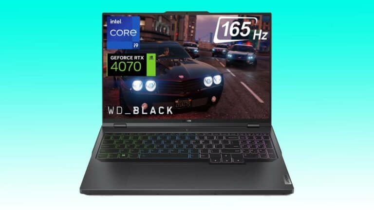 A Lenovo Gaming Laptop with an image of a car on it.