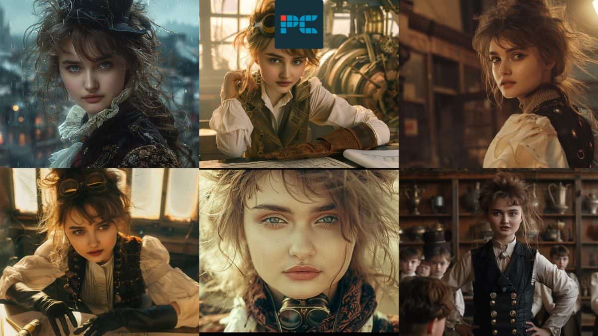 Collage of six portraits showcasing a woman in steampunk attire, featuring consistent characters with varying poses and expressions.