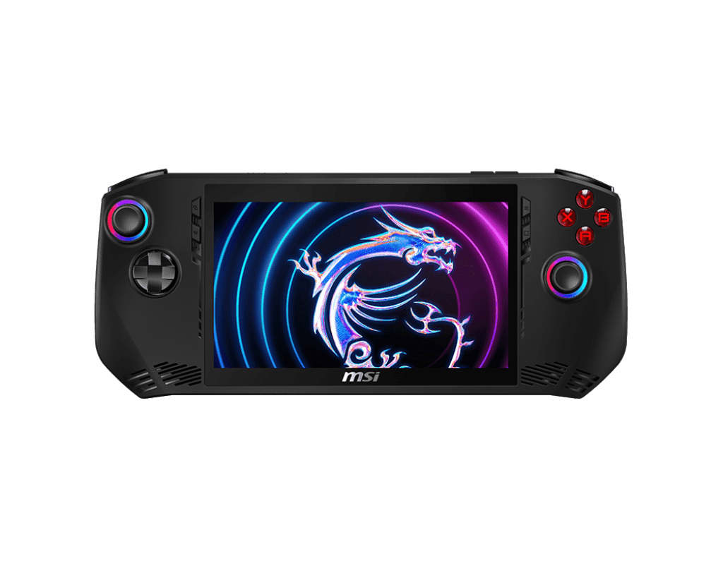 A black MSI Claw Ultra 7,155H handheld gaming device with a colorful dragon graphic displayed on the screen.