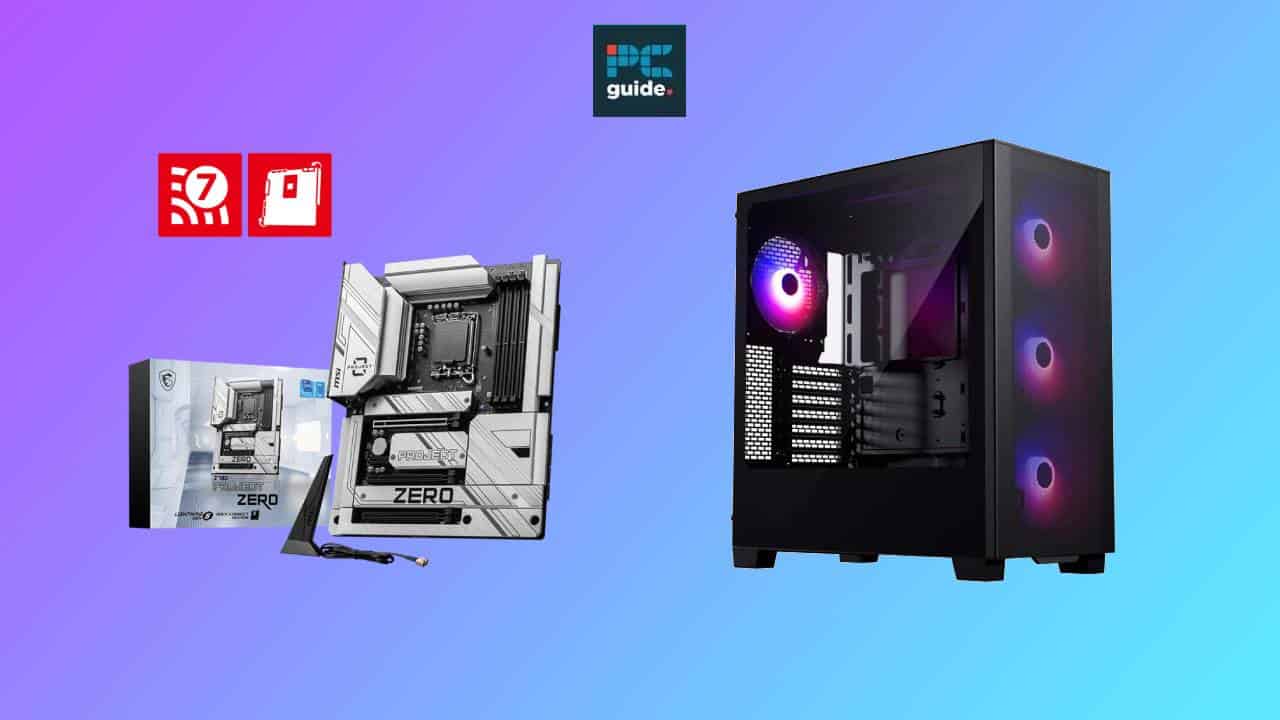 Computer motherboard and a modern pc case with rgb lighting on a purple background, accompanied by software icons for powerpoint and word, and an 'Auto Draft' tag.