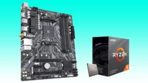Micro Center AMD Ryzen 5 3600 processor alongside a gigabyte motherboard on a teal background.