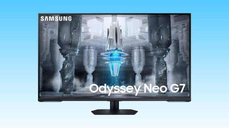 The Samsung Odyssey Neo 76 is shown on a blue background in auto draft.