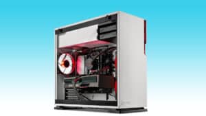 Custom Skytech Shiva gaming PC with transparent side panel and red LED lighting.