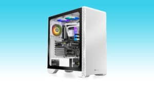 High-end Thermaltake gaming PC with a transparent side panel showcasing internal components and RGB lighting.