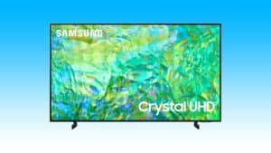 Samsung CU8000 crystal UHD 4K TV displaying vibrant abstract colors.