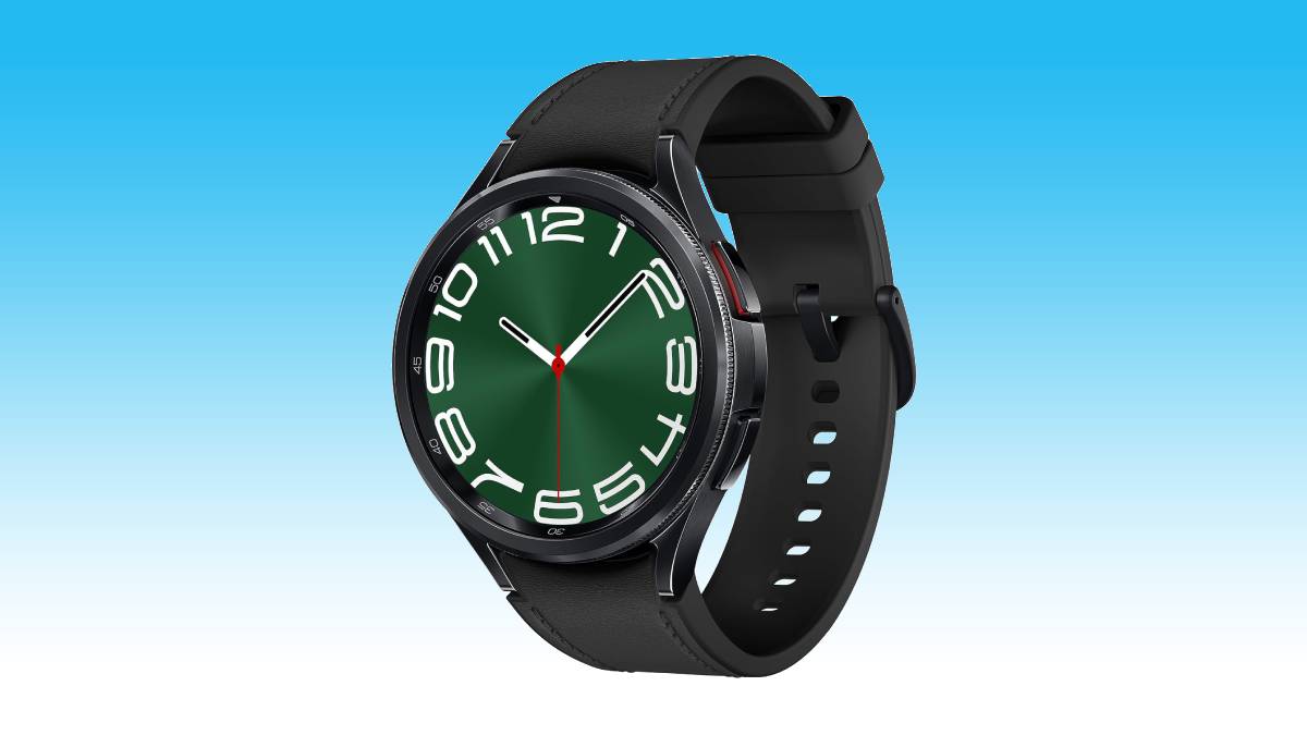 Black Samsung Galaxy Watch 6 with green watch face on a stylish blue background.