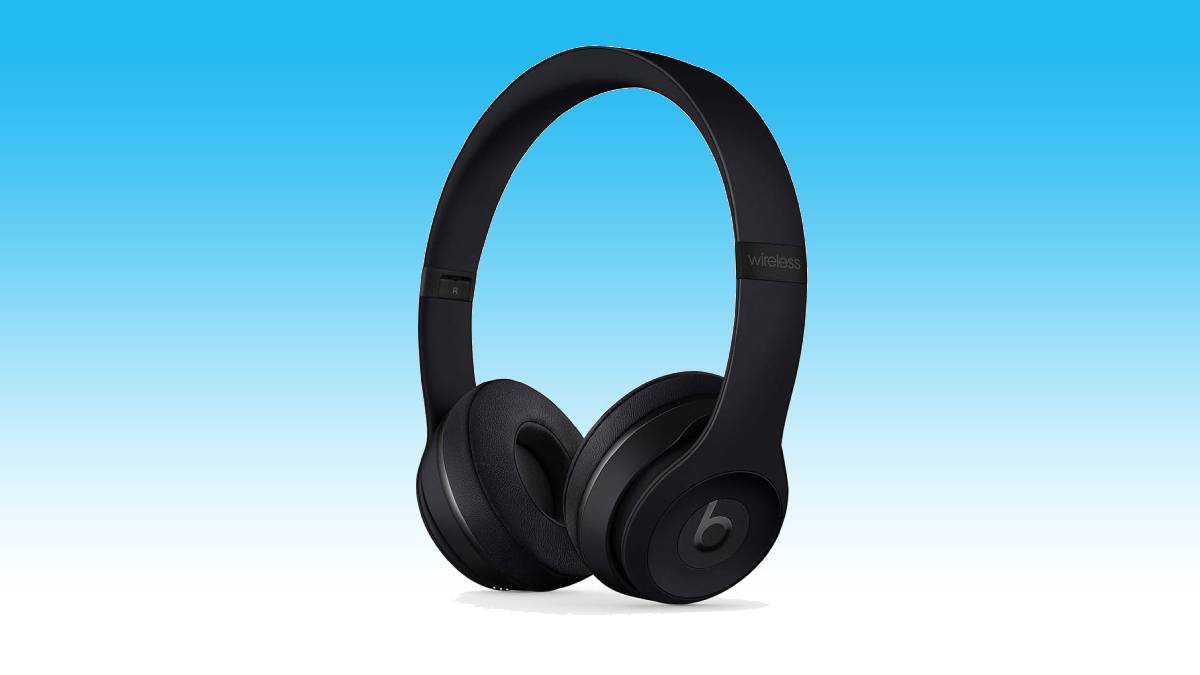 Highest reviewed black wireless over-ear headphones against a blue background.