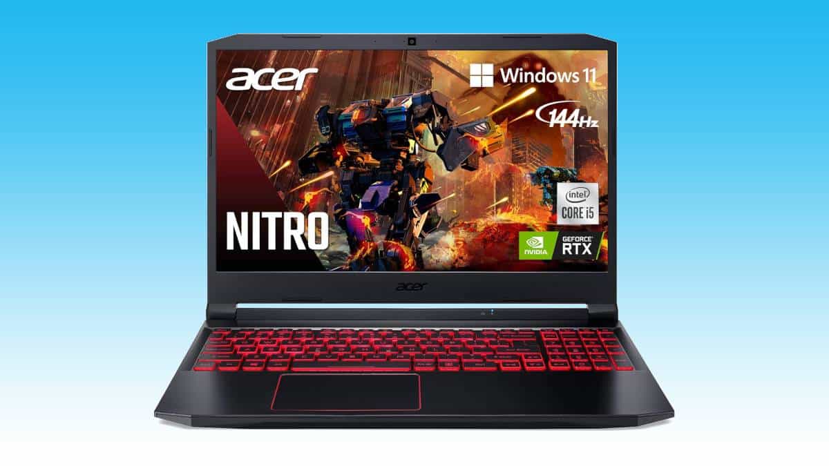 Acer Nitro 5 gaming laptop deal displaying key features on screen against a blue background.