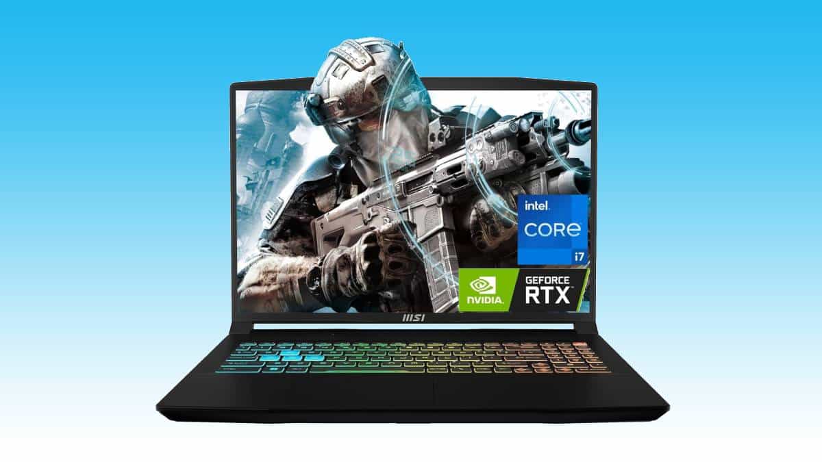 A gaming laptop with graphics of a soldier on screen, showcasing intel core i7 and nvidia geforce rtx branding, available as an Amazon deal.