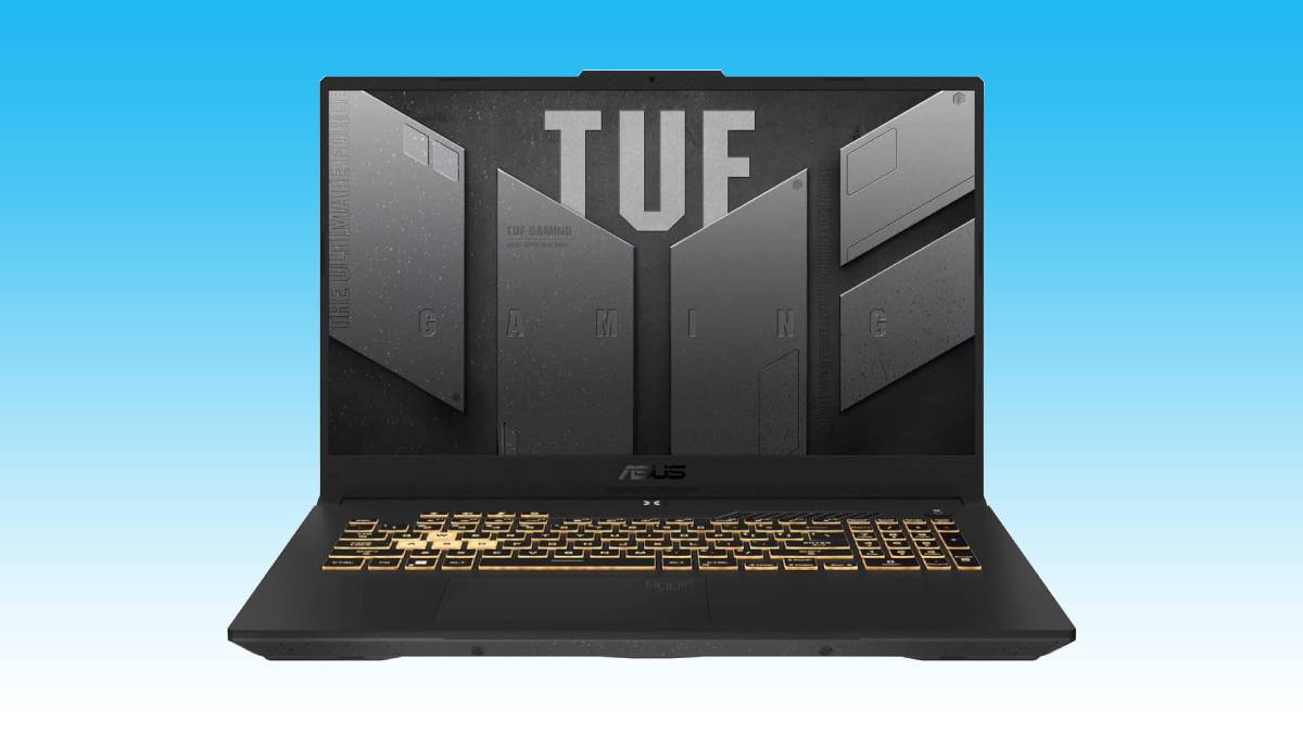 Entry-level ASUS TUF gaming laptop with backlit keyboard against a blue background.