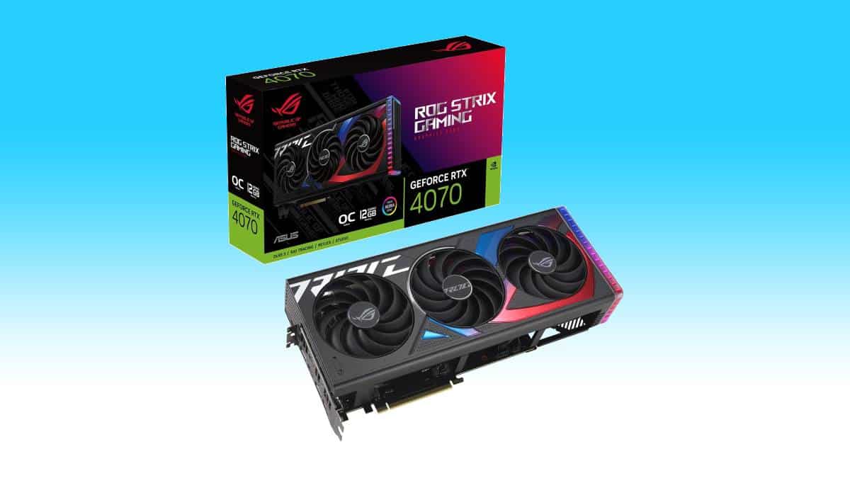 Asus ROG Strix GeForce RTX 4070 graphics card with its packaging box, available as an Amazon deal under $700.