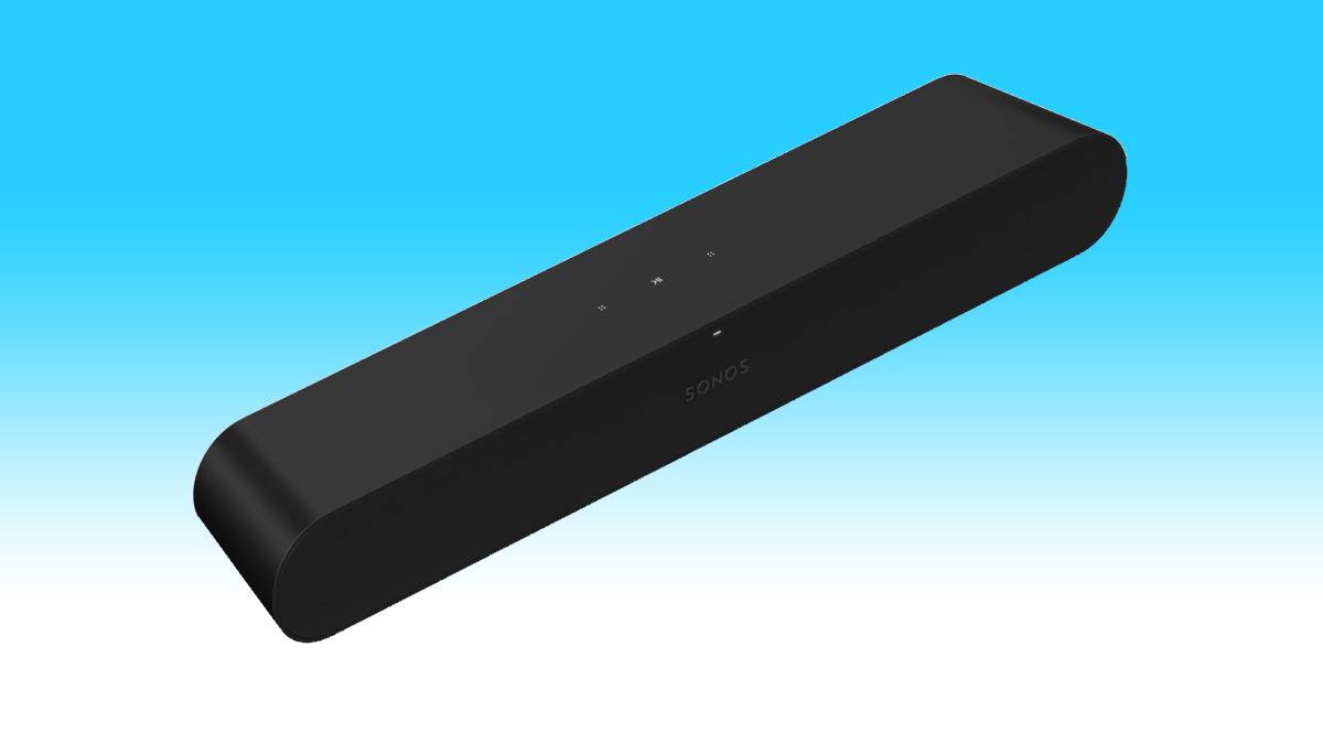 An affordable black Sonos soundbar against a blue background.