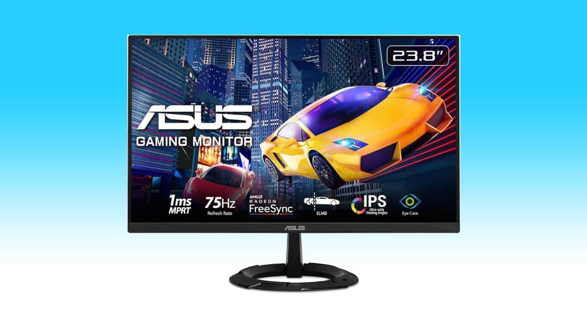 Spring sale on Amazon: A 23.8-inch ASUS gaming monitor displaying vivid graphics with features highlighted: 1ms MPRT response time, 75Hz refresh rate, FreeSync technology, and