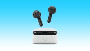Wireless earbuds floating above their charging case against a light blue background; find them now among Amazon Spring Deals.