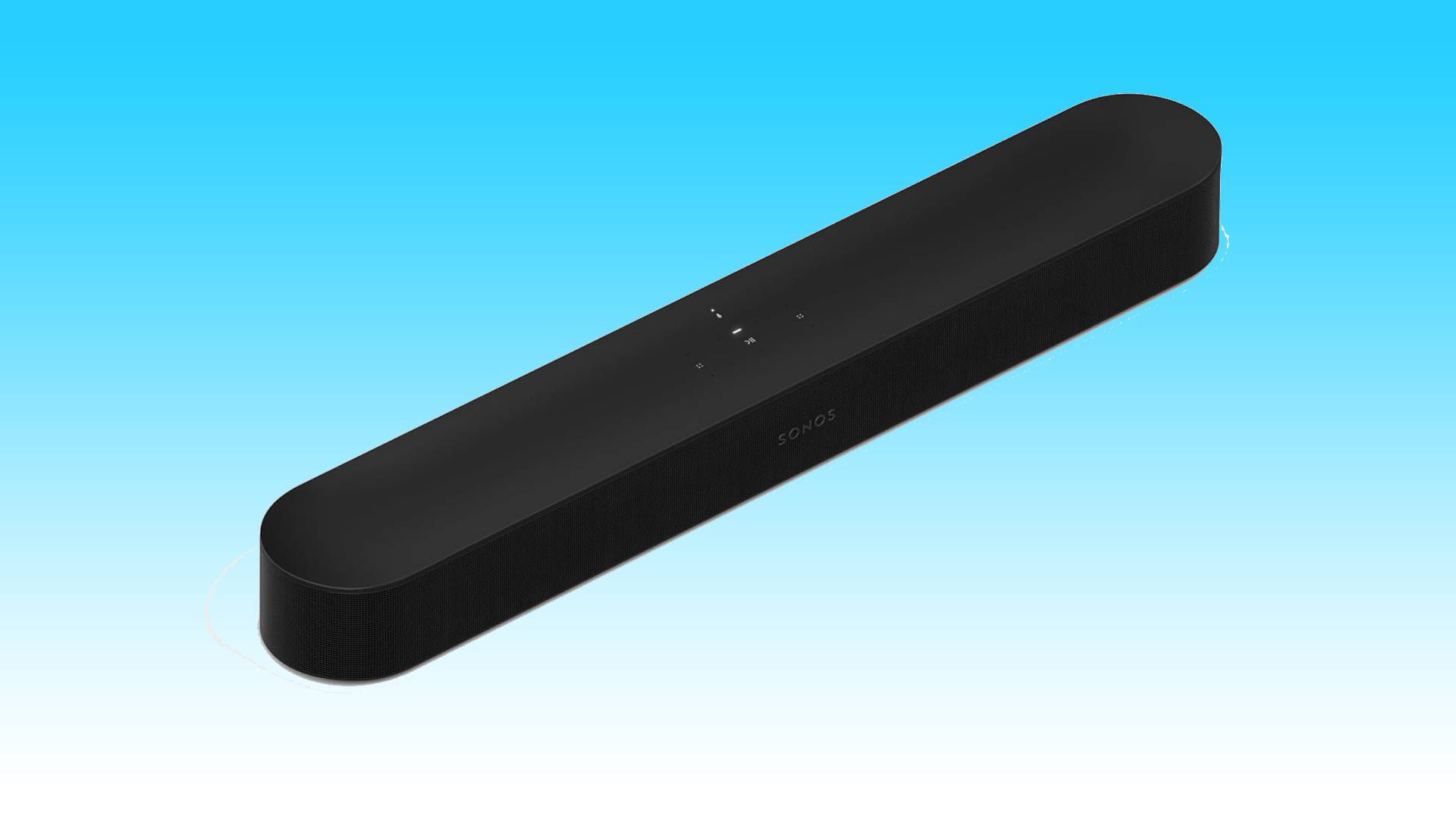 Spring Deal: Black Sonos Beam 2 soundbar on a blue gradient background.