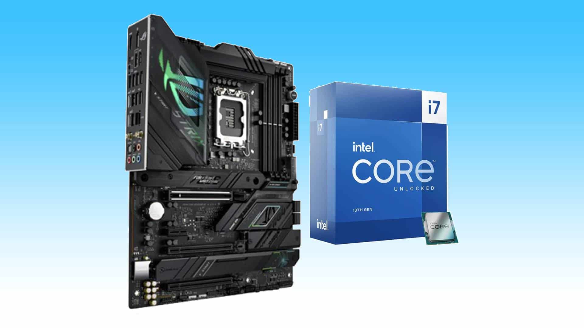 A gaming PC motherboard next to an intel core i7 processor box against a blue background.