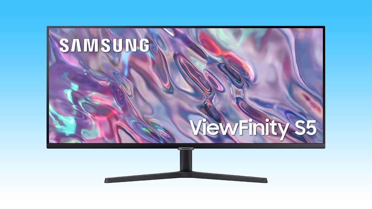 Samsung 34-inch Viewfinity S5 monitor displaying colorful abstract wallpaper.