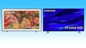 Two Samsung televisions side by side: on the left, 'The Frame' displaying artwork, and on the right, a 'Crystal UHD' showing a blue abstract design. The one on the