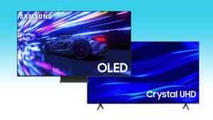 Two Samsung TV deal televisions displaying vibrant images to showcase their OLED and Crystal UHD screen technologies.