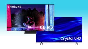 Samsung S90D OLED and Crystal UHD 4K TVs displaying vibrant images at Best Buy.