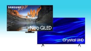 Two Samsung televisions displaying vibrant images, highlighting Neo QLED and Crystal UHD technology. Buy the Samsung QN90D and get a free 4K TV.