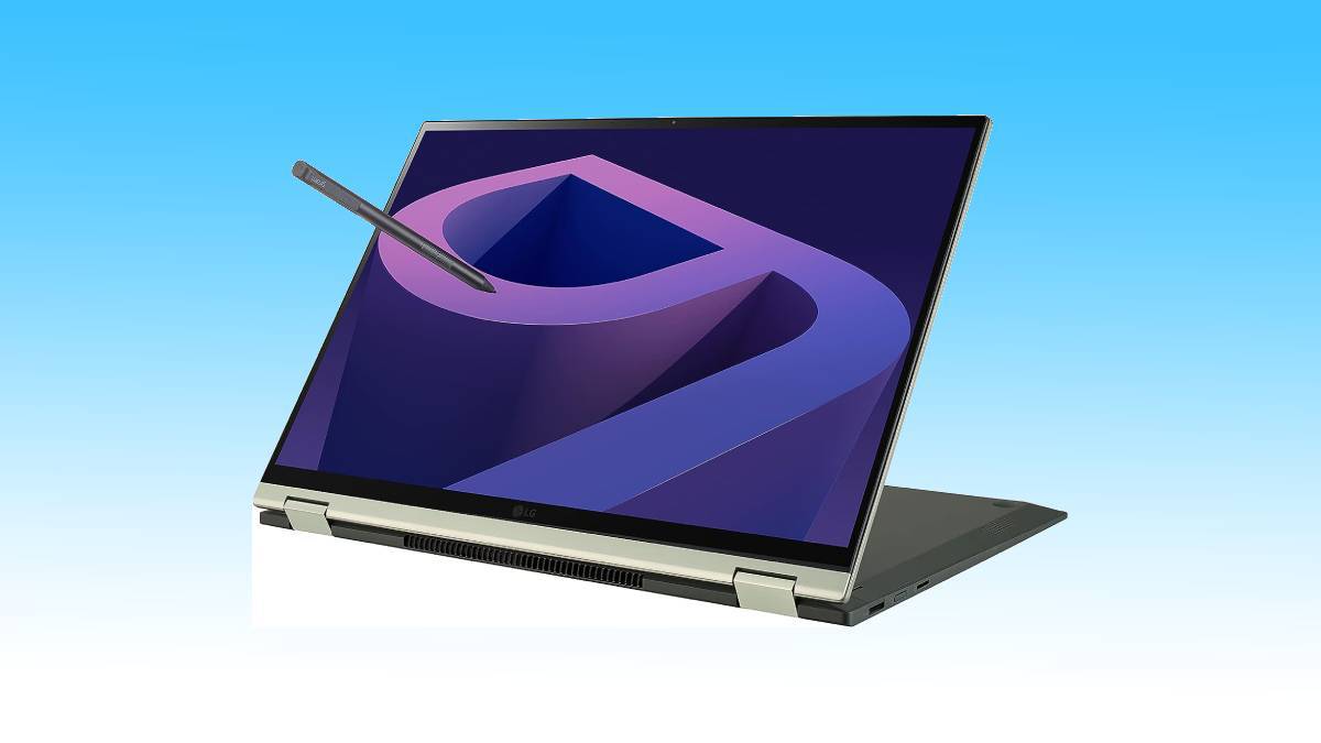 Convertible 16-inch laptop with stylus on a blue gradient background.
