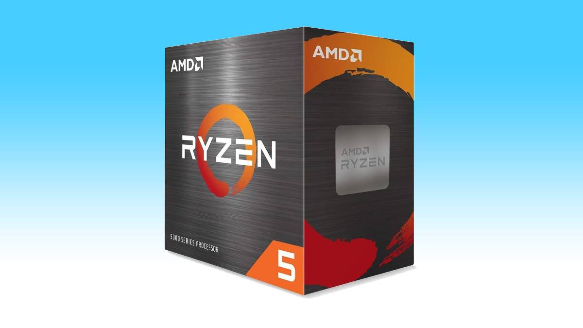 An AMD Ryzen 5, the best-selling CPU, processor box on a blue background.