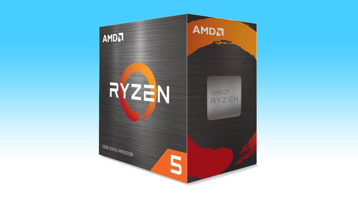 Amd Ryzen 5 5500 processor box deal on a blue background.