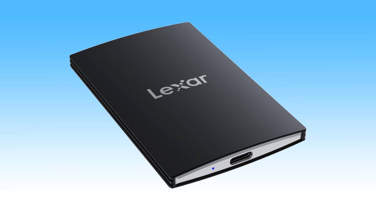 Black Lexar 2TB SSD portable external hard drive on a blue gradient background, selling for under $200.
