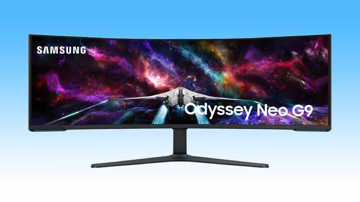 A Samsung Odyssey Neo G9 2024 release ultrawide gaming monitor displaying a vibrant cosmic scene.