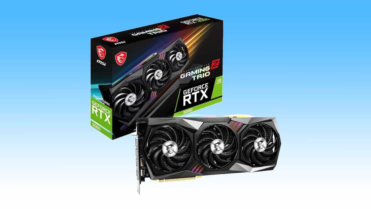 MSI GeForce RTX 3080 GPU and its packaging displayed against a blue background.