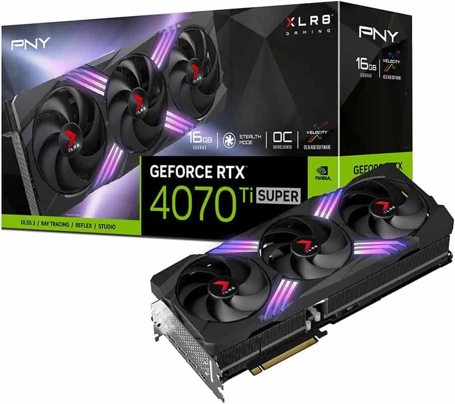 Graphics card and its packaging with a design indicating it is a PNY GeForce RTX 4070 Ti Super GPU.