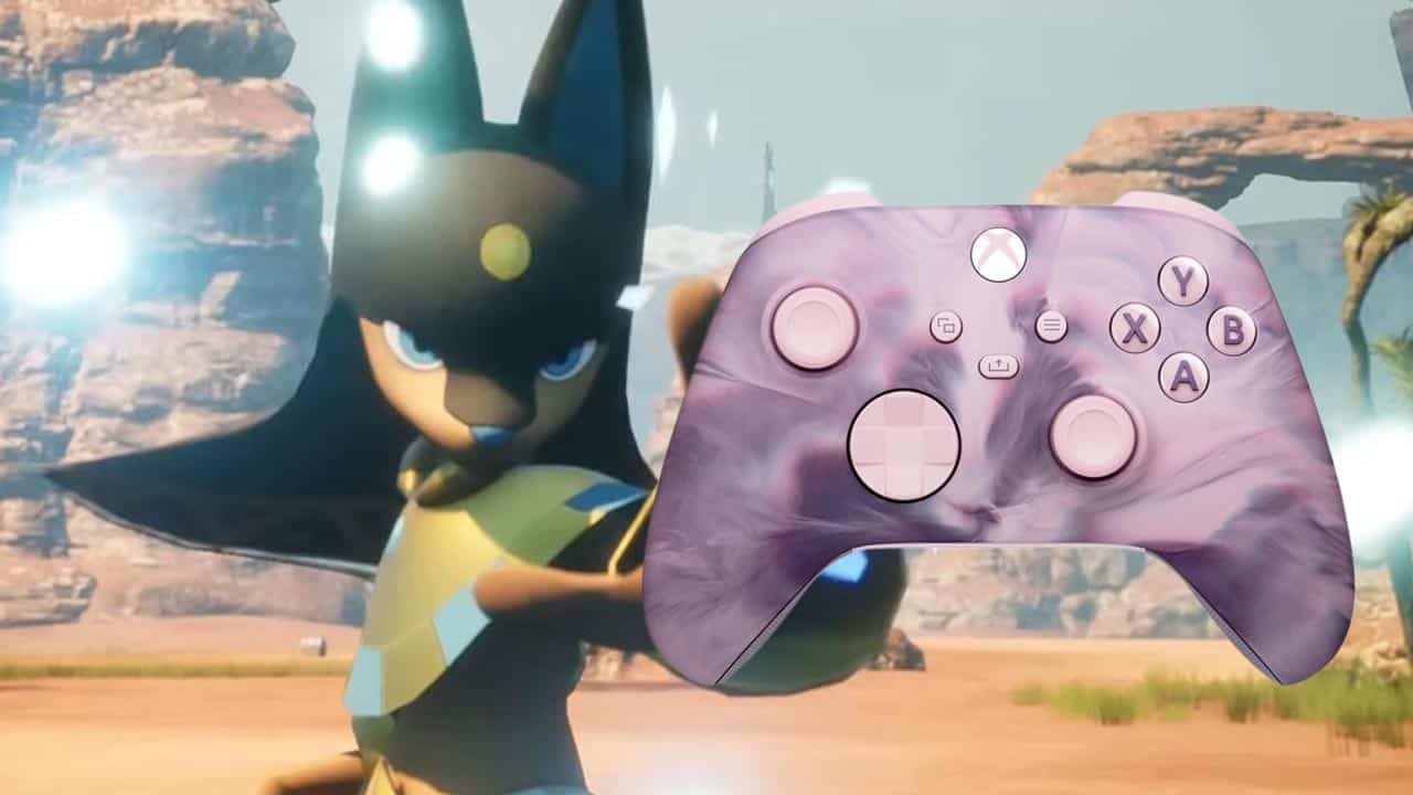 Animated character from Palworld next to a Dream Vapor Xbox Wireless Controller with a cosmic design.