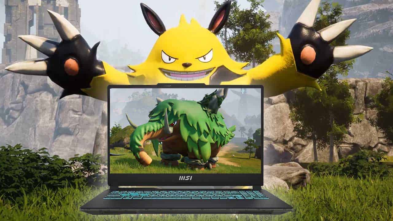An illustration of Electivire emerging from a gaming laptop screen with Rillaboom displayed on the monitor, set against a natural rocky backdrop, encapsulating the essence of playing on the go.