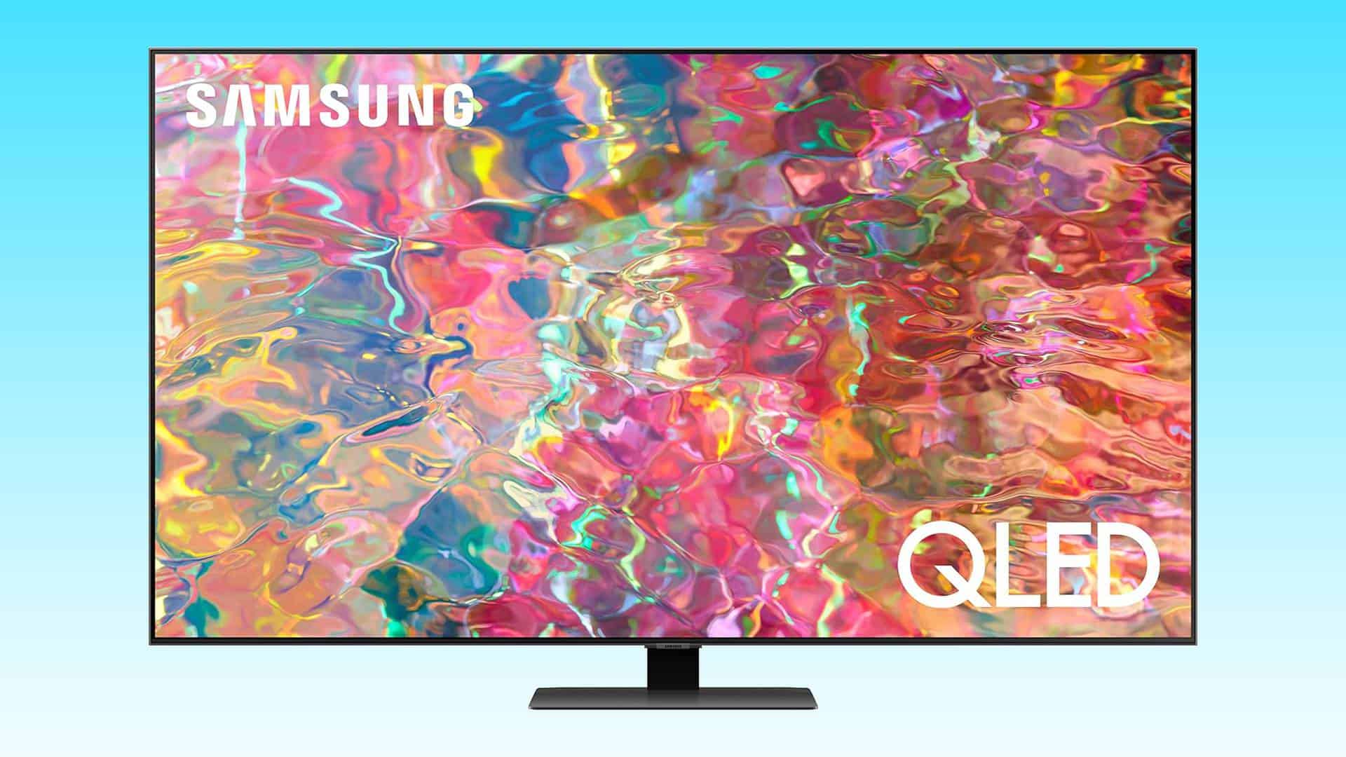 A Samsung 55 inch QLED TV displaying vibrant, abstract colors, now under $1000 in a pre-Easter Amazon deal.