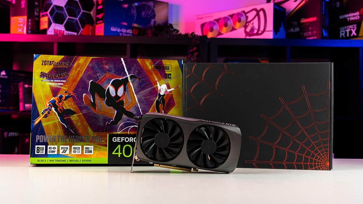 Nvidia RTX 4060 Ti graphics card with its box on a desk featuring gaming-themed decor.