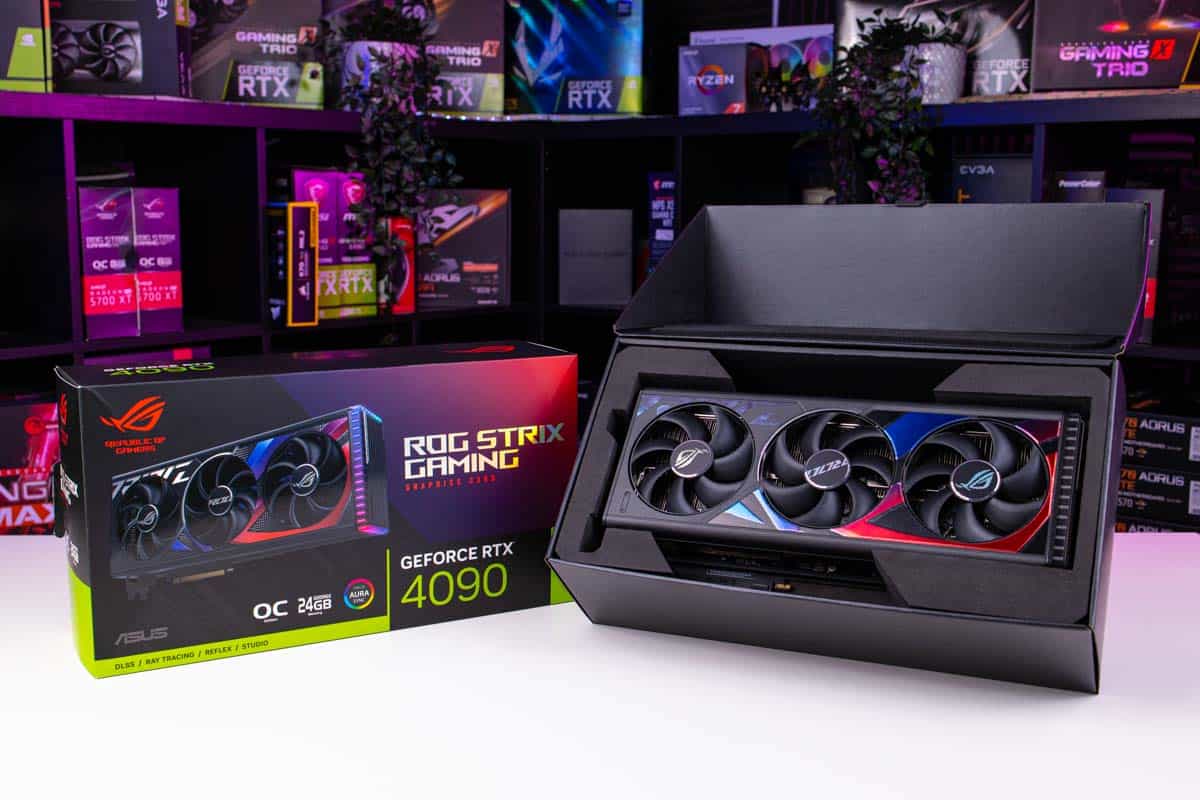 Asus ROG Strix Nvidia RTX 4090 graphics card alongside its packaging.